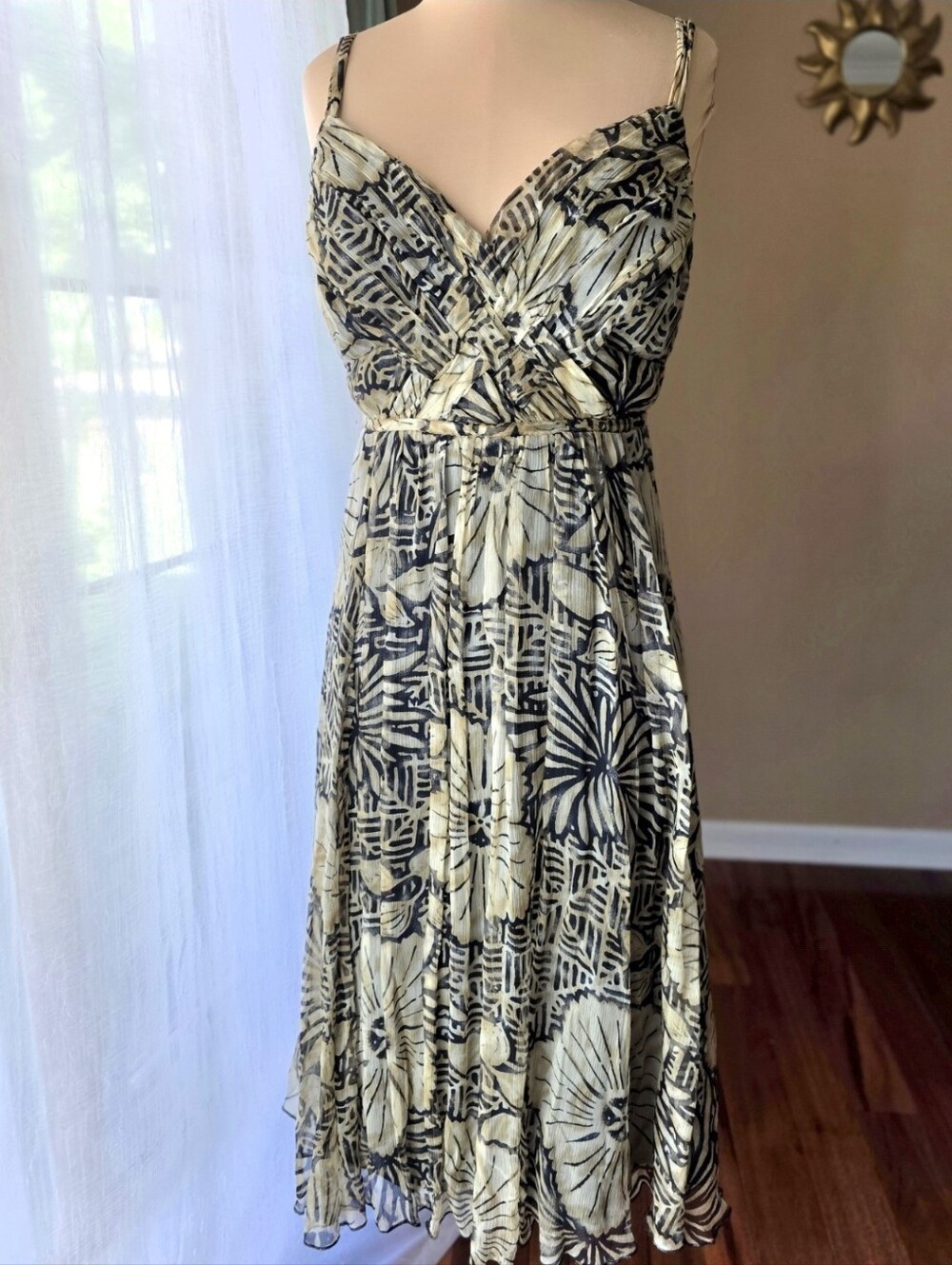 100% Silk Abstract Floral Midi Dress Ruched Empire Waist Y2K Robbie Bee Size 10